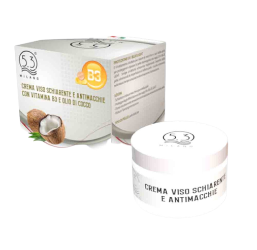 Crema viso schiarente e antimacchie con vitamina B3 e olio di cocco